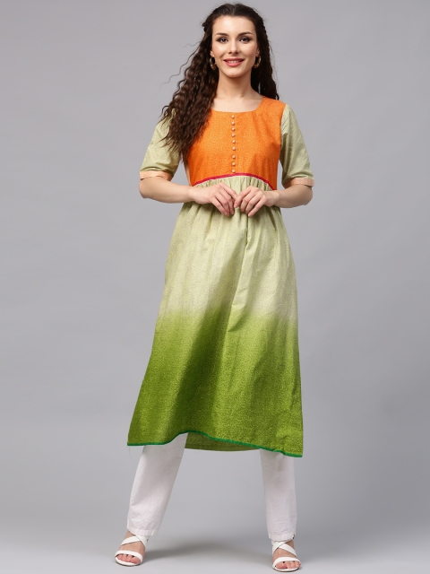 

Libas Women Orange & Green Printed A-Line Kurta