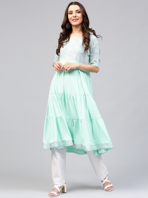 

Libas Women Mint Green & Grey Printed Anarkali Kurta