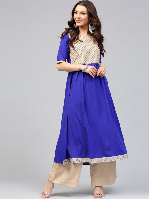 Libas Women Blue & Beige Printed Anarkali Kurta available at myntra for Rs.259