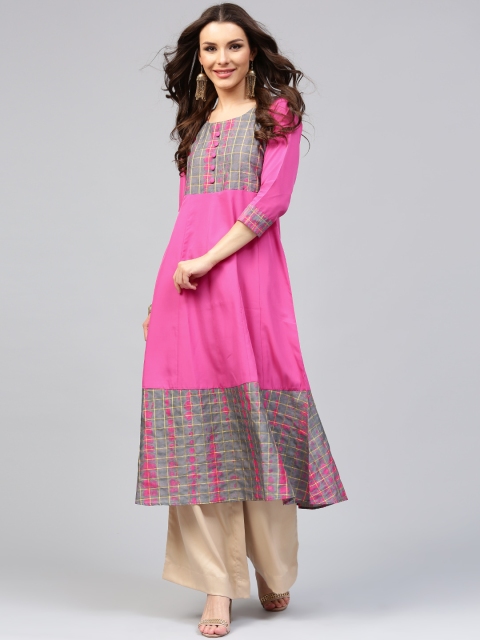 

Libas Women Pink & Grey Checked Anarkali Kurta