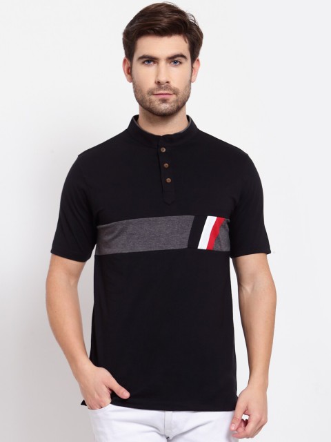 

Kalt Men Black & french middle red purple Mandarin Collar T-shirt