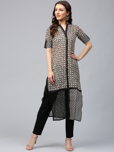 

Libas Women Beige & Black Printed Straight Kurta