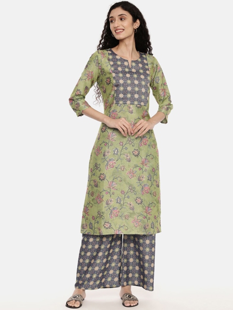 

R&B Women Green Floral Printed Panelled Kurta with Skirt