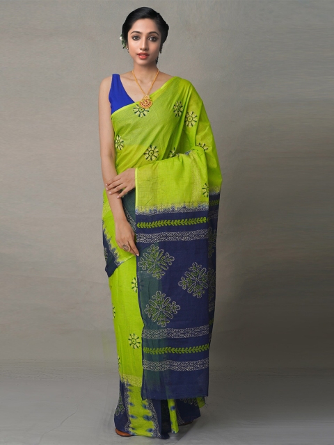 

Unnati Silks Blue & Green Ethnic Motifs Pure Cotton Block Print Saree