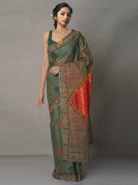 

Unnati Silks Green & Red Ethnic Motifs Pure Cotton Block Print Saree