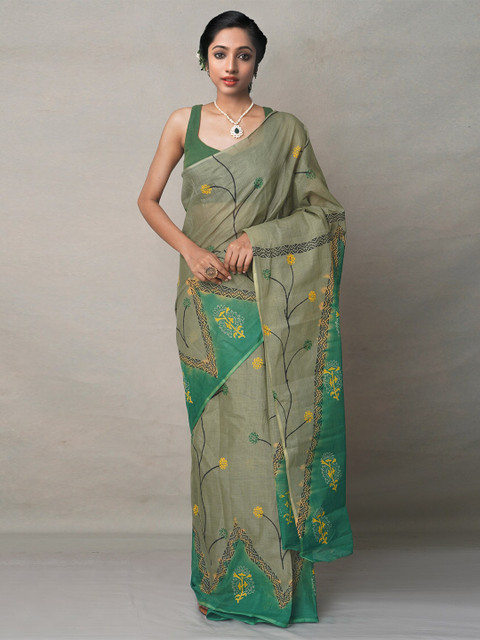 

Unnati Silks Green & Yellow Ethnic Motifs Pure Cotton Block Print Saree