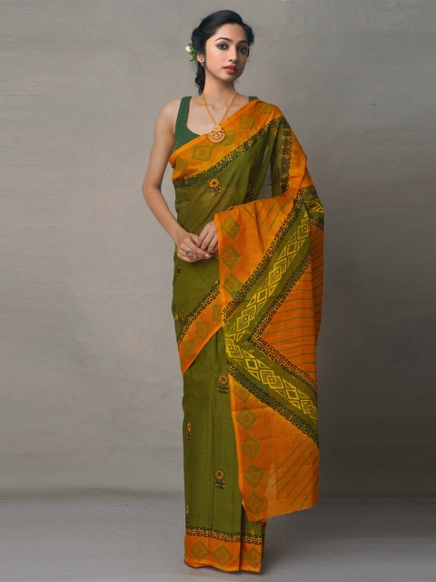 

Unnati Silks Orange & Green Ethnic Motifs Pure Cotton Block Print Saree