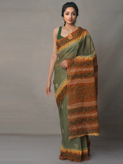 

Unnati Silks Brown & Green Ethnic Motifs Pure Cotton Block Print Saree