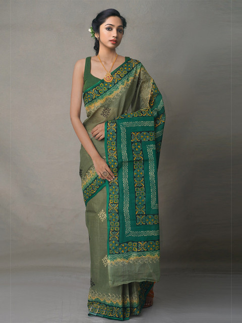 

Unnati Silks Green & Orange Ethnic Motifs Pure Cotton Block Print Saree