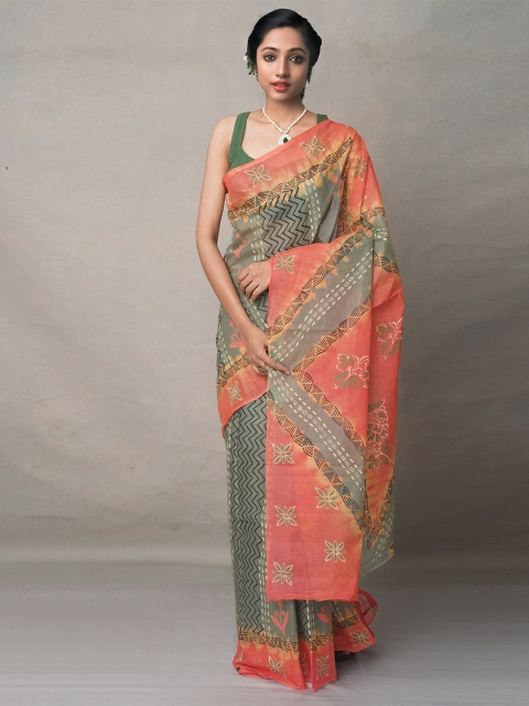 

Unnati Silks Orange & Green Ethnic Motifs Pure Cotton Block Print Saree