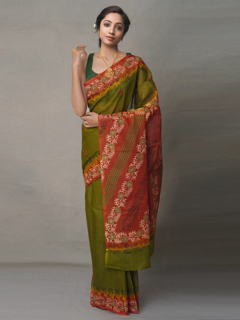 

Unnati Silks Green & Pink Ethnic Motifs Pure Cotton Block Print Saree