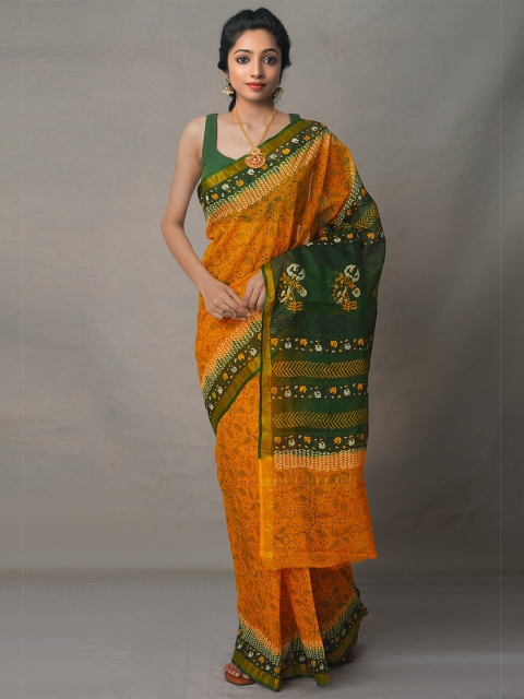

Unnati Silks Green & Mustard Ethnic Motifs Pure Cotton Block Print Saree
