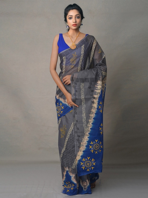 

Unnati Silks Blue & Grey Ethnic Motifs Pure Cotton Block Print Saree