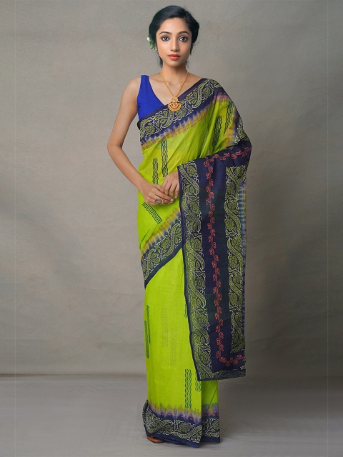 

Unnati Silks Blue & Green Ethnic Motifs Pure Cotton Block Print Saree