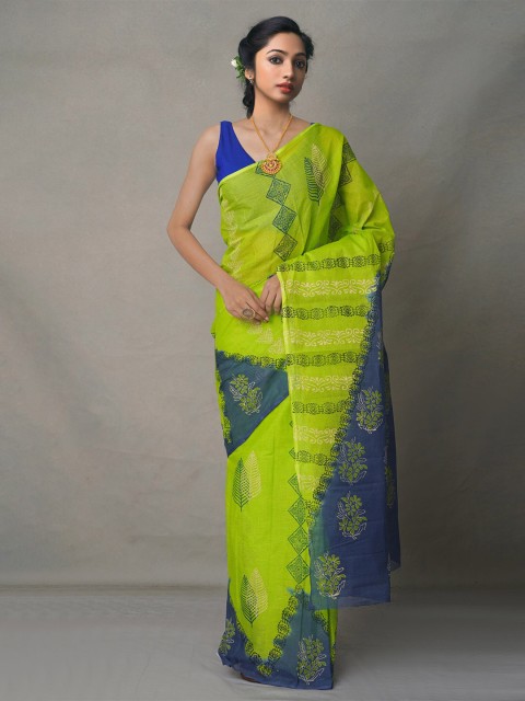 

Unnati Silks Blue & Green Ethnic Motifs Pure Cotton Block Print Saree