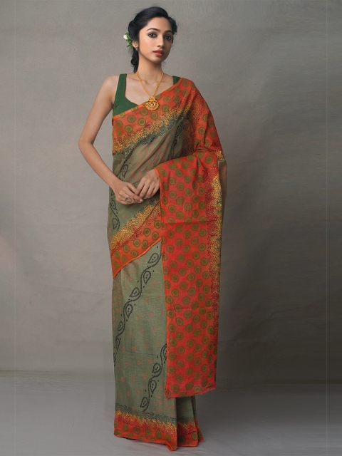 

Unnati Silks Orange & Green Ethnic Motifs Pure Cotton Block Print Saree