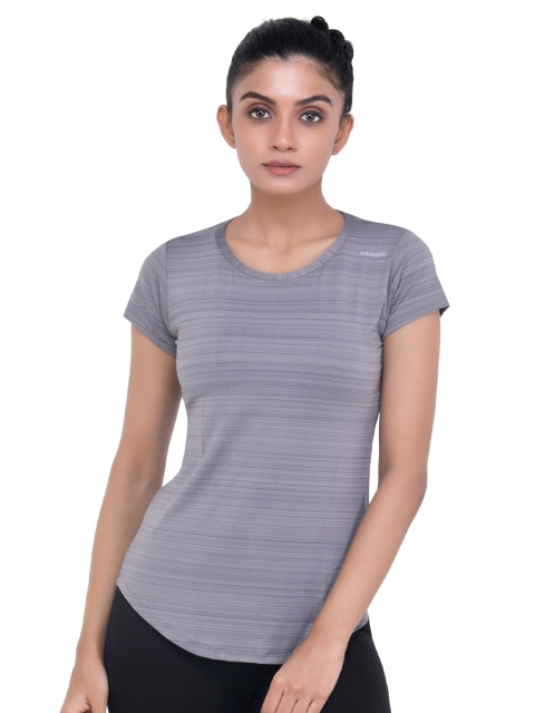 

LAASA SPORTS Women Grey & lavender aura Striped Extended Sleeves Raw Edge T-shirt
