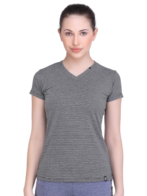 

LAASA SPORTS Women Black & vampire black Striped V-Neck T-shirt