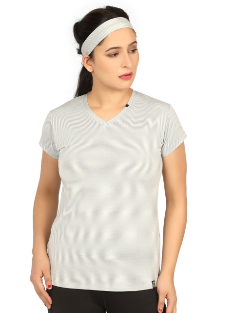 

LAASA SPORTS Women Grey & eggnog V-Neck Extended Sleeves Raw Edge T-shirt