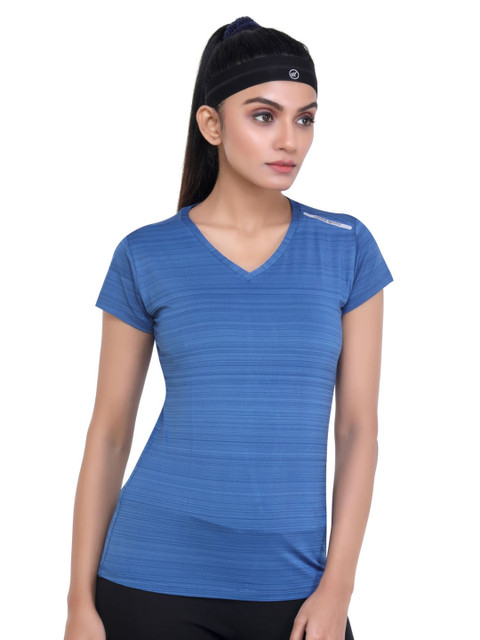 

LAASA SPORTS Women Blue V-Neck Raw Edge T-shirt