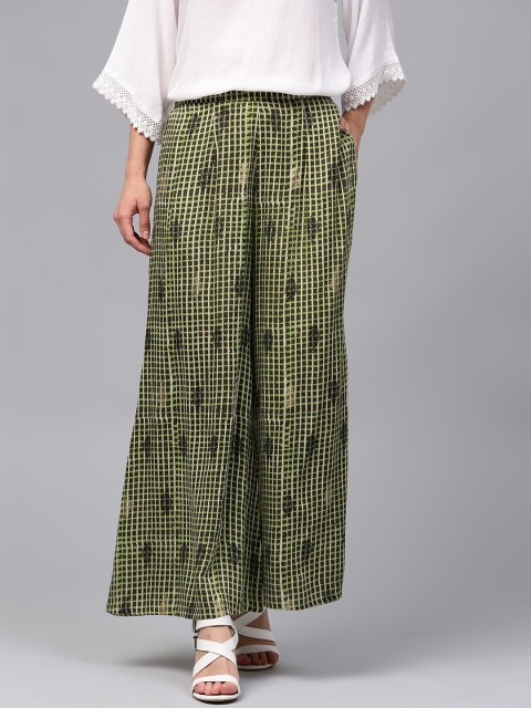 

Libas Women Green & Off-White Checked Flared Palazzos