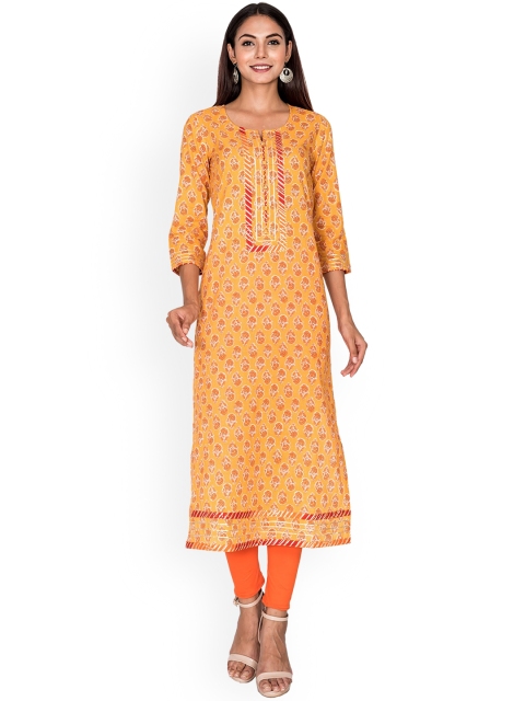 

Swasti Women Yellow Ethnic Motifs Embroidered Thread Work Floral Kurta
