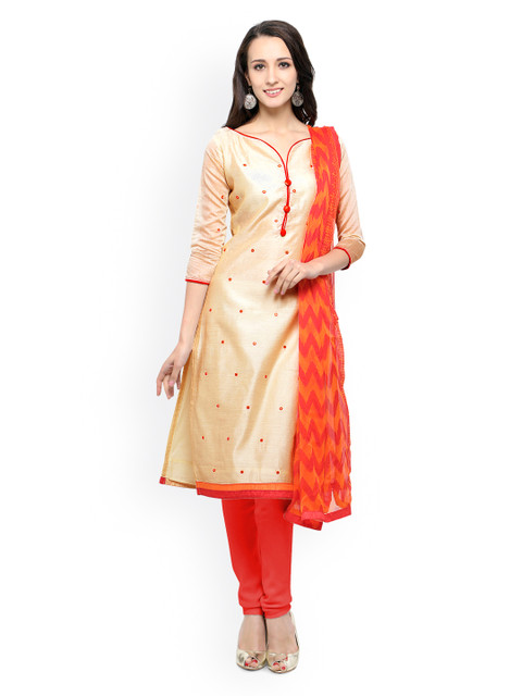 

Saree Mall Beige & Red Solid Chanderi Dress Material