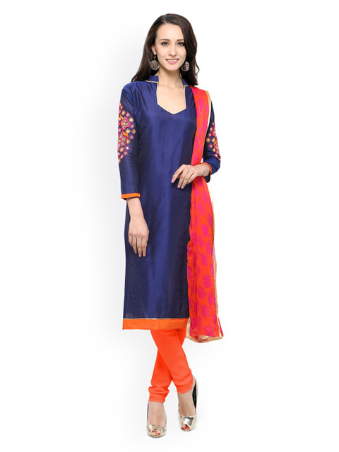 

Saree Mall Navy Blue & Orange Embroidered Chanderi Dress Material