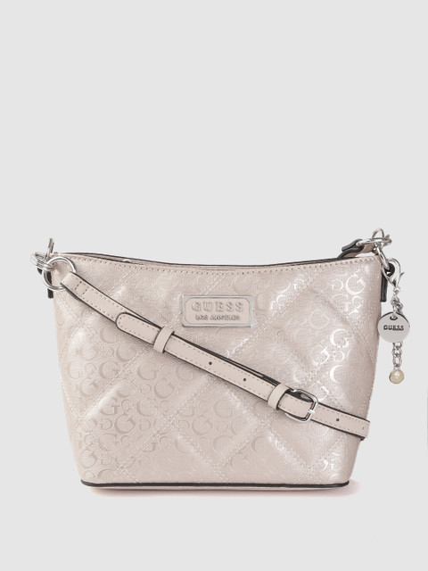 

GUESS Nude-Coloured Brand Logo Textured Bucket Sling Bag with Quilted Detail