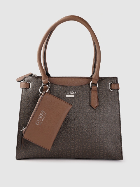 

GUESS Women Brown Brand Logo Print Structured Handheld Bag