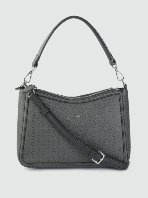 

GUESS Women Charcoal Grey & Black Brand Logo Print Structured Handheld Bag
