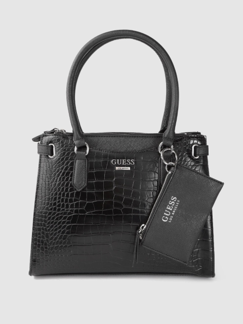 

GUESS Black Croc Textured Structured Handheld Bag
