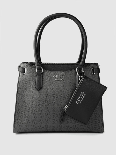 

GUESS Women Charcoal Brand Logo Print Structured Handheld Bag