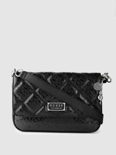 

GUESS Women Black Brand Logo Textured Structured Sling Bag