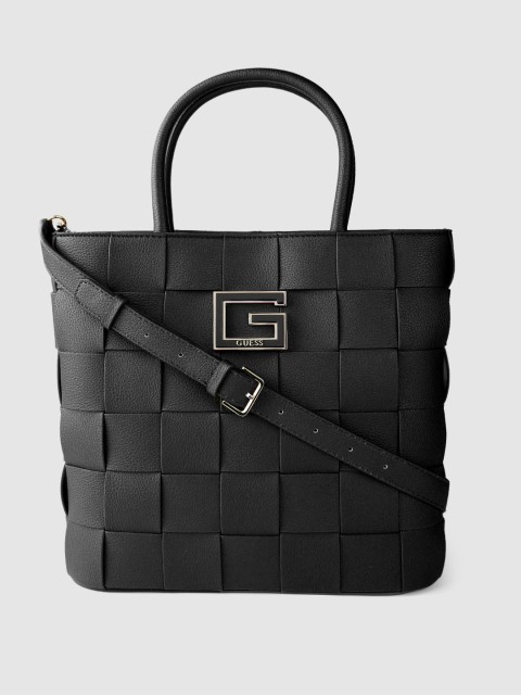 

GUESS Black Basket Woven Design Structured Handheld Bag with Detachable Sling Strap