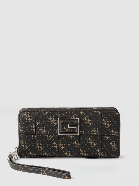 

GUESS Women Black & Beige Brand Logo Print Zip Around Wallet