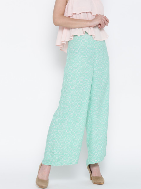 

Biba Women Sea Green & Off-White Printed Straight Palazzos