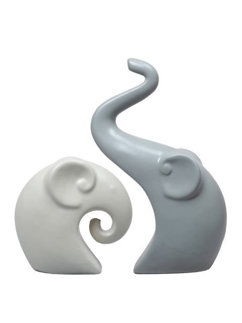 

TANSHA QUO Set of 2 White & Grey Solid Mom and Baby Elephant Figurine Showpiece