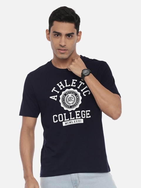 

R&B Men Navy Blue Typography Printed Raw Edge Slim Fit T-shirt