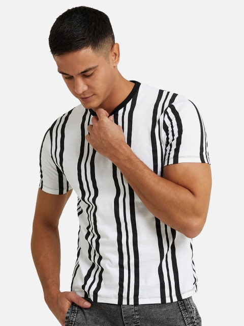 

R&B Men White Striped Mandarin Collar Drop-Shoulder Sleeves Monochrome Slim Fit T-shirt
