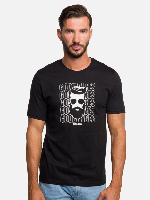 

R&B Men Black Typography Printed Applique Slim Fit T-shirt