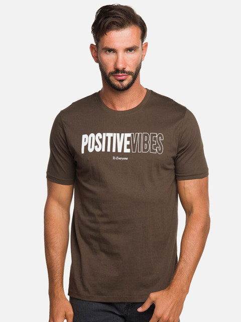 

R&B Men Olive Green Typography Printed Applique Slim Fit T-shirt