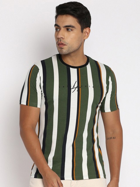 

R&B Men Olive Green Striped T-shirt