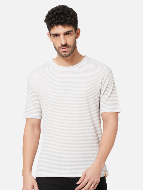 

R&B Men White Striped Slim Fit T-shirt