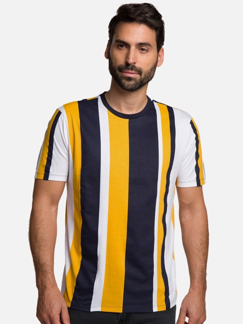 

R&B Men Navy Blue Striped Polo Collar Slim Fit T-shirt