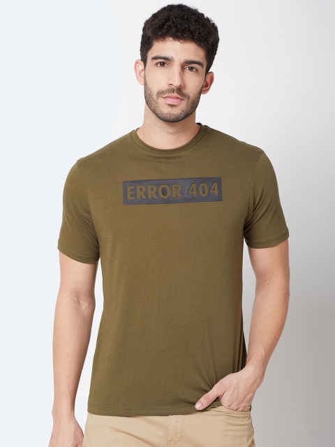 

R&B Men Olive Green Typography Extended Sleeves Raw Edge Slim Fit T-shirt