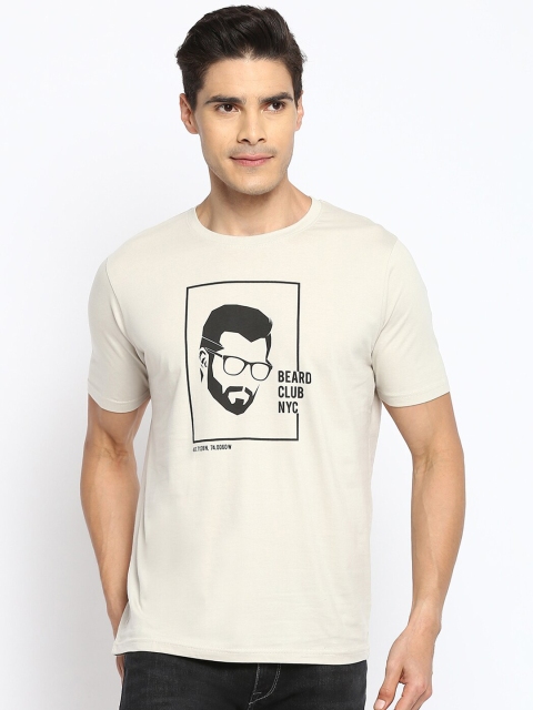 

R&B Men Beige Printed Raw Edge Slim Fit T-shirt