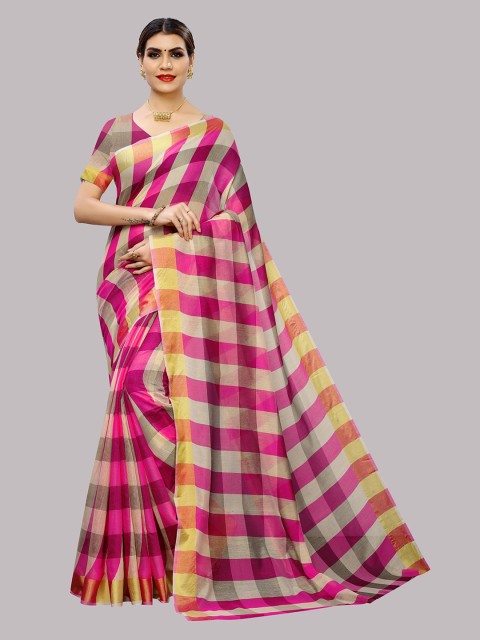 

Fashion Basket Pink & Beige Checked Silk Cotton Saree