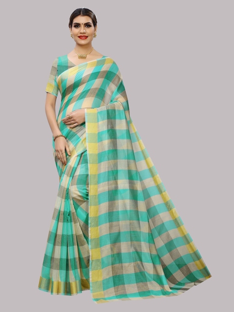 

Fashion Basket Turquoise Blue & Beige Checked Silk Cotton Saree