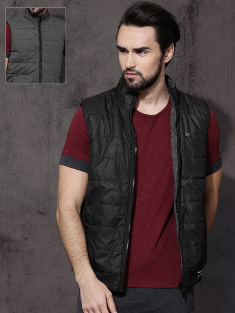 

Roadster Men Charcoal Grey Solid Reversible Padded Jacket